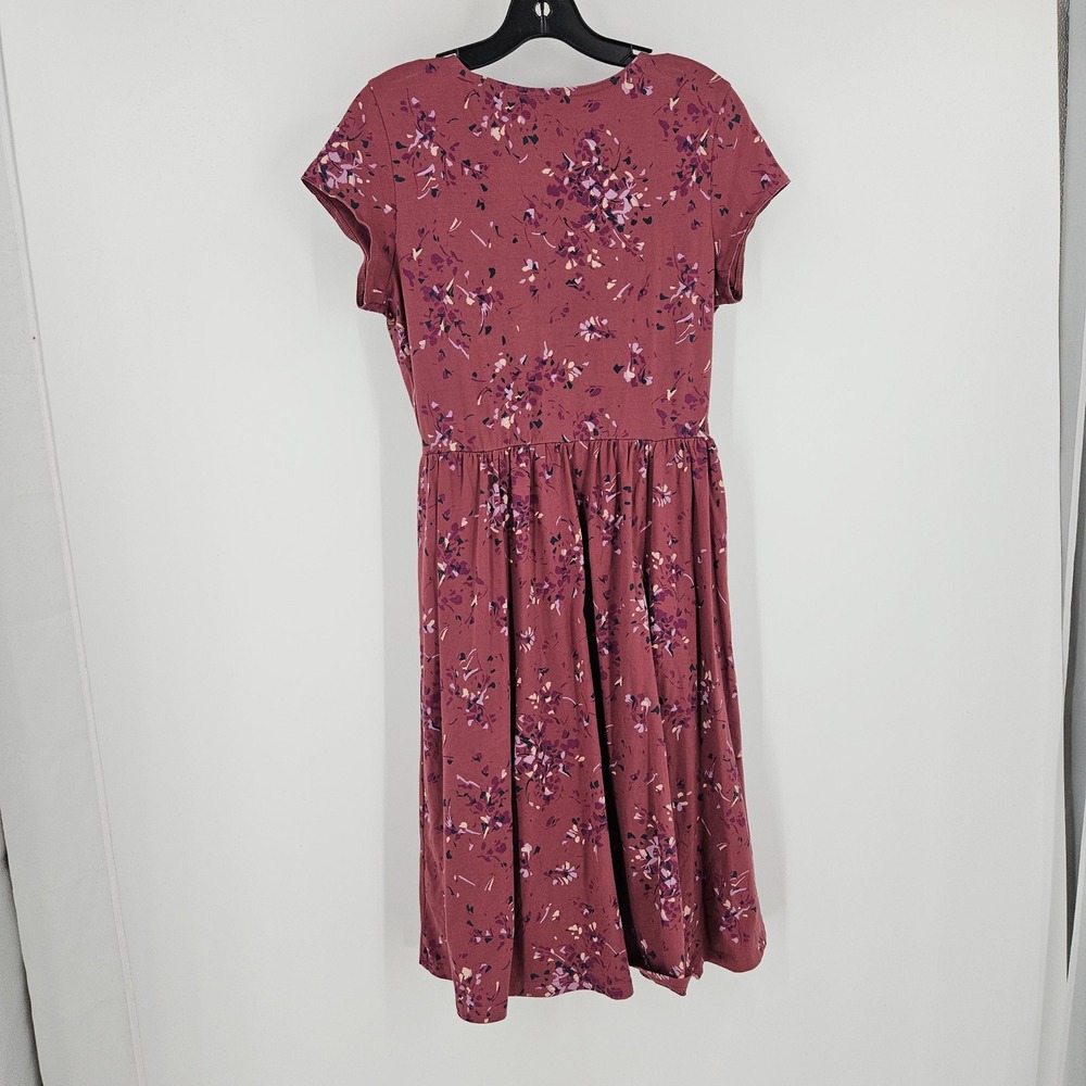 Pact Fit & Flare Crossover Dress Maroon Floral Short Sleeve Faux Wrap Mini Sz M - Picture 9 of 11